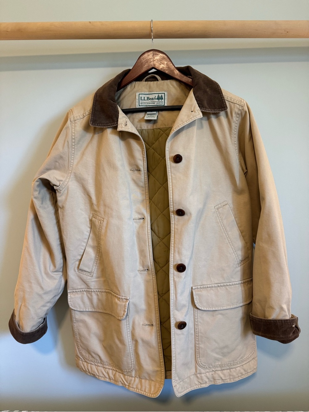 L.L. Bean Women's Khaki Barn Coat with Brown Corduroy Collar - Picture 5 of 10